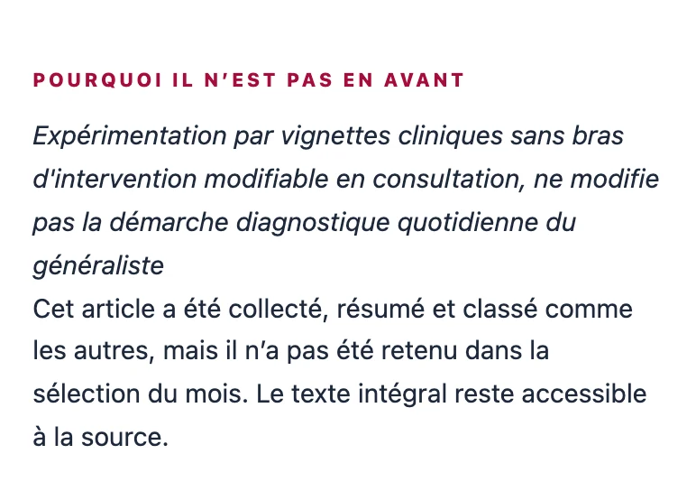 Bloc « Pourquoi il n’est pas en avant » : le motif méthodologique affiché sous un article du corpus