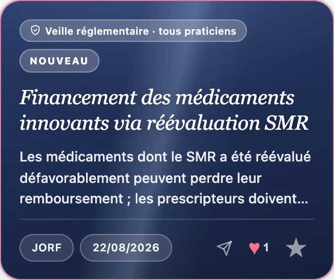 Une carte du fil : un texte du Journal officiel sur le remboursement, daté, avec son étiquette de veille réglementaire